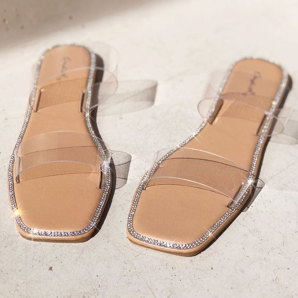 NEW Clear Sparkly Rhinestone Embellished Double Straps Slip On Slides Sandals - Picture 12 of 15